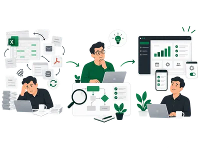 Illustratie: van losse Excel-bestanden en stapels papier naar één overzichtelijk dashboard